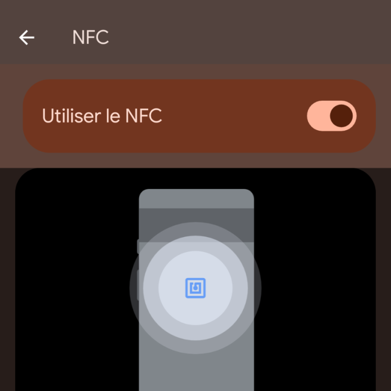 Icône NFC avec un bouton bascule activé sur fond sombre.