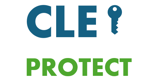 Texte "CLE" en bleu et "PROTECT" en vert, avec une clé iconique.