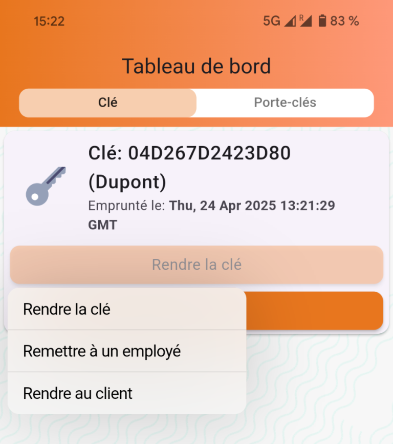 Tableau de bord avec options de retour de clés et informations sur un espace de test.