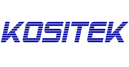 Logo de KOSITEK, stylisé avec des lignes bleues sur fond blanc.