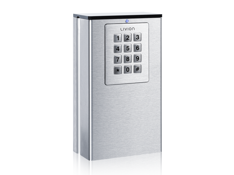 Distributeur à clé en acier inoxydable avec un clavier numérique à 12 boutons sur le devant.