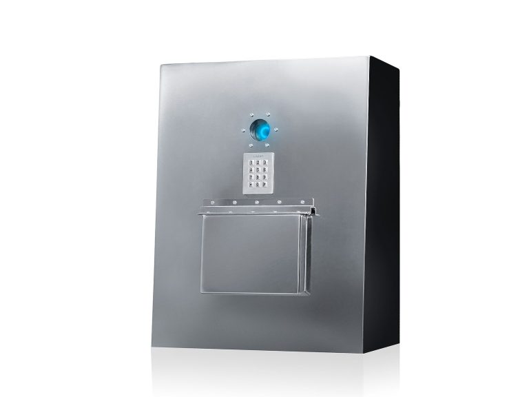 Distributeur de clés en acier inoxydable avec une caméra frontale et un compartiment protégé en bas.