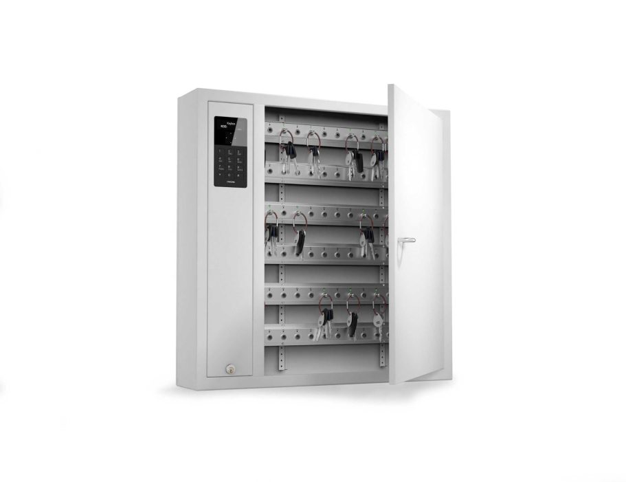 CREONE KeyControl 9500 SC Armoire électronique à clés blanche avec plusieurs racks à clés et porte ouverte.
