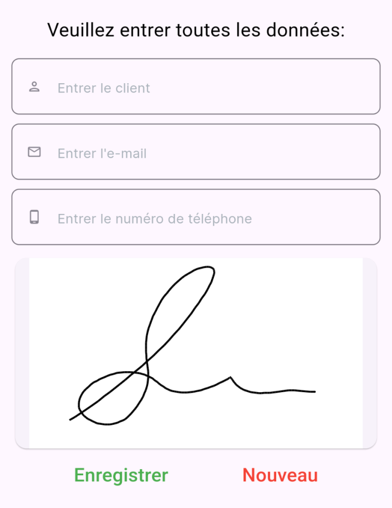 Formulaire de saisie avec champ pour une signature en bas.