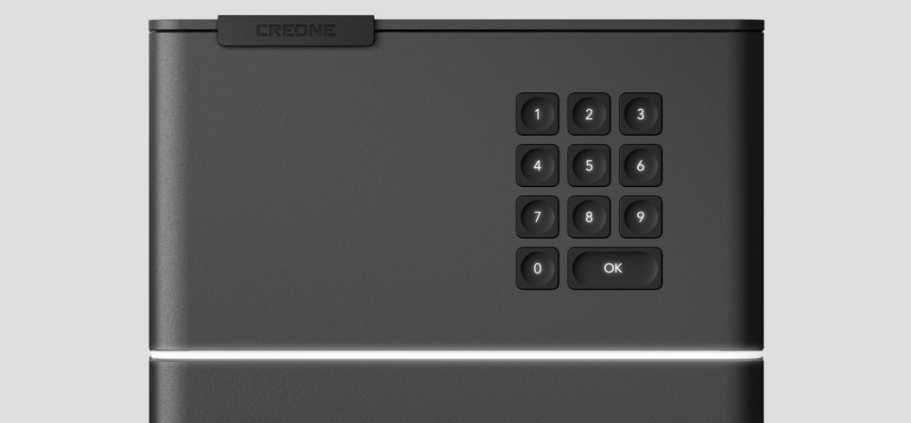 CREONE Frameless Panneau de contrôle noir avec un clavier numérique et des boutons.
