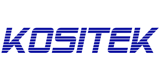 Logo de KOSITEK avec des lettres en bleu et des lignes horizontales.