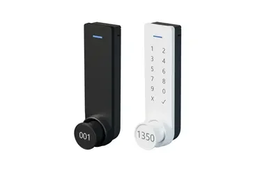 Serrures à code digitales noire et blanche avec détection de clé rotative.