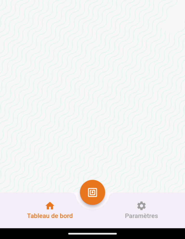Écran d'application vide avec des icônes en bas, dont une orange au centre pour scanner les tags NFC.